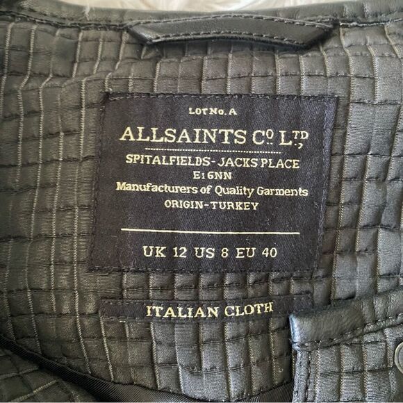 All Saints Black Wool Blend Quilted Moto Jacket with Leather Trim Size 8 - Picture 9 of 11
